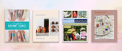 Covers of crafting books with pink and blue watercolor background.