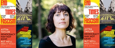 Photo of Astra Taylor next to some of her book covers.