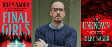 Photo of Riley Sager between two of his books.