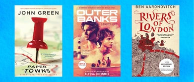 Covers of "Paper Towns", "Outer Banks: Lights Out," and "Rivers of London" over a blue background