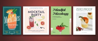 Four mocktail recipe book covers set against red background.