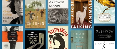 10 book covers set against blue background.