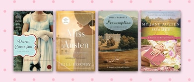 Four book covers set against pink polka dot background.