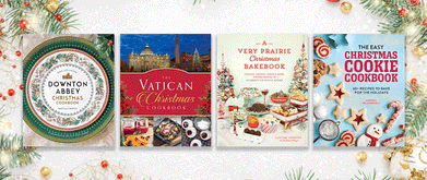 Four cookbooks set against Christmas background. 