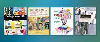 Four book covers set against teal background.